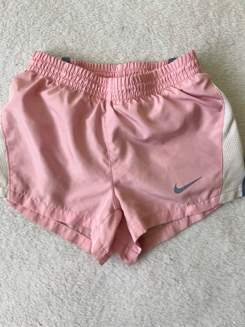 Nike Girls Light Pink Athletic Shorts with Gray Swoosh
